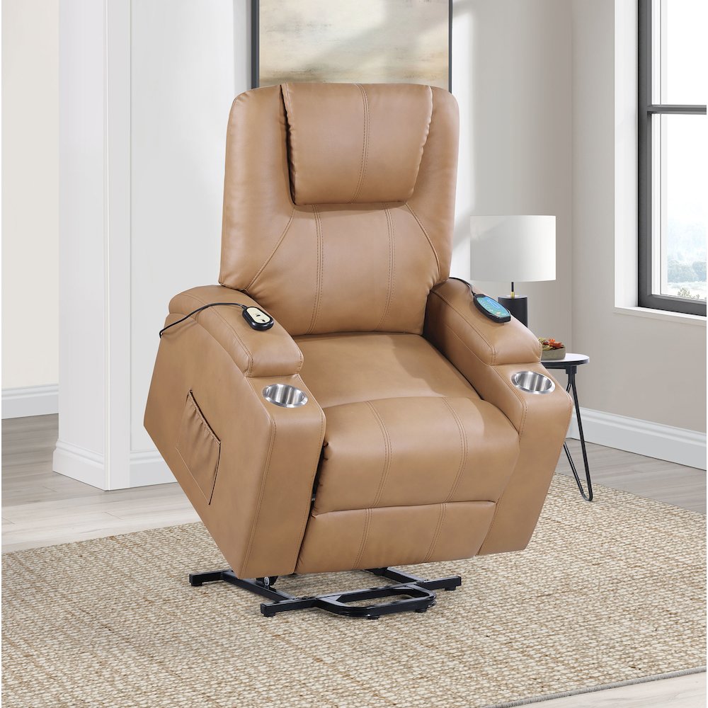 Armstrong Upholstered Power Lift Massage Recliner Camel. Picture 12