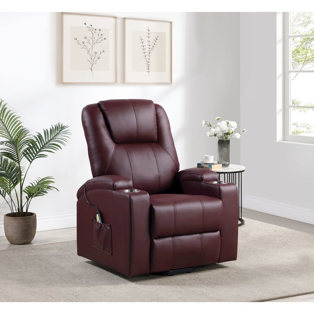 Armstrong Upholstered Power Lift Massage Recliner Wine Red. Picture 10