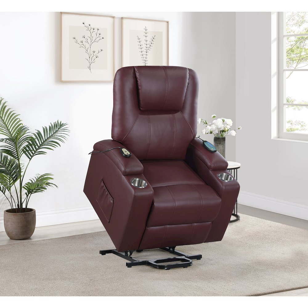 Armstrong Upholstered Power Lift Massage Recliner Wine Red. Picture 12