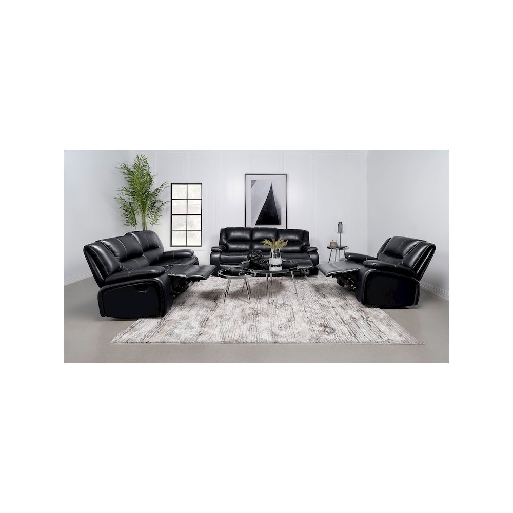 Camila 3-piece Upholstered Motion Reclining Sofa Set Black. Picture 14