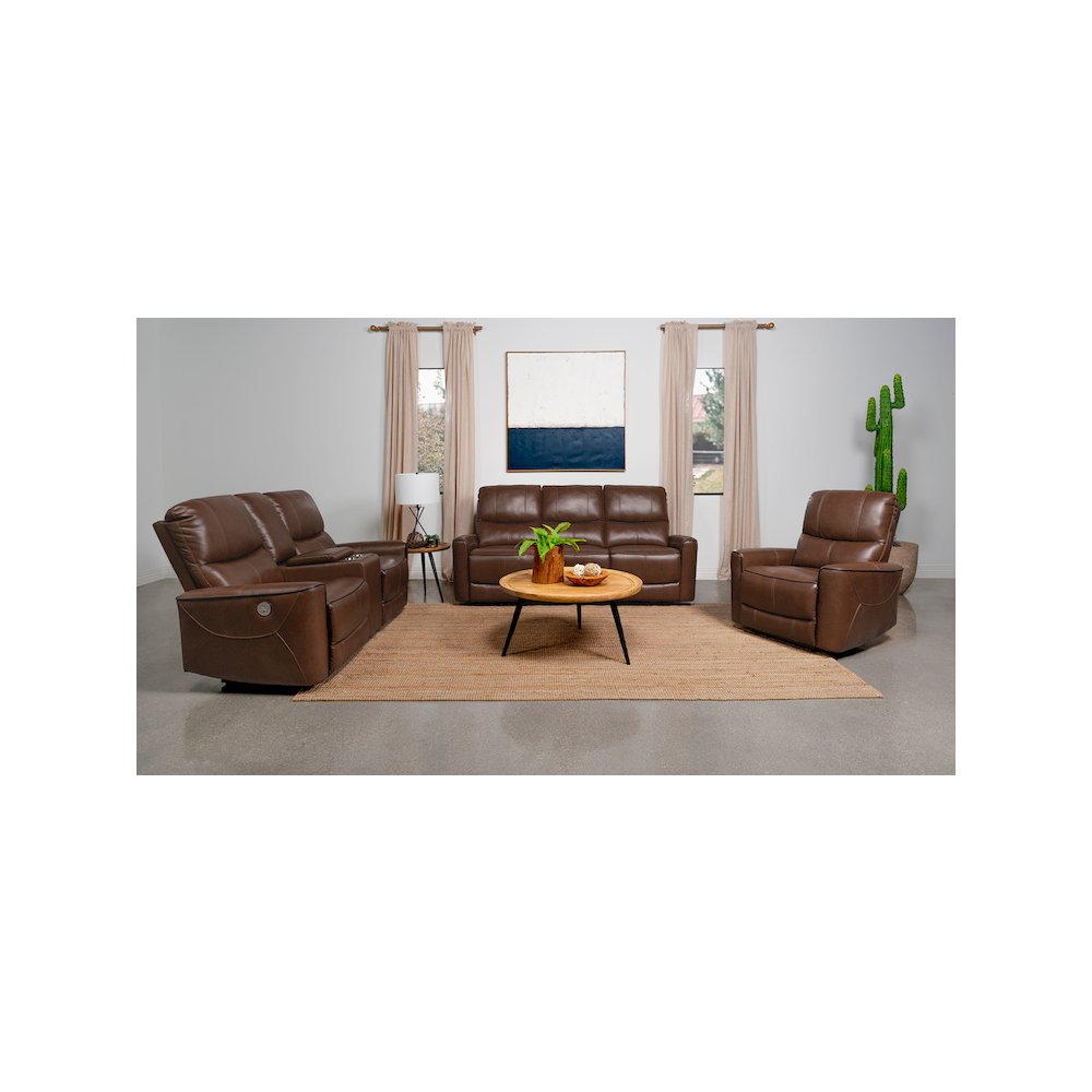 Greenfield Upholstered Power Reclining Sofa Saddle Brown. Picture 10