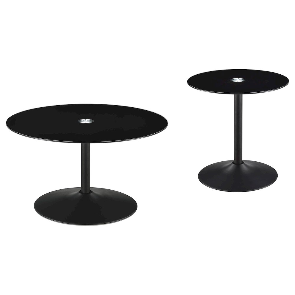 Ganso 2-piece Round Glass Top Coffee and End Table Set Black. Picture 1