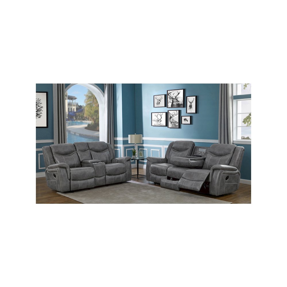 Conrad 2-piece Upholstered Padded Arm Motion Sofa Set Grey. Picture 7