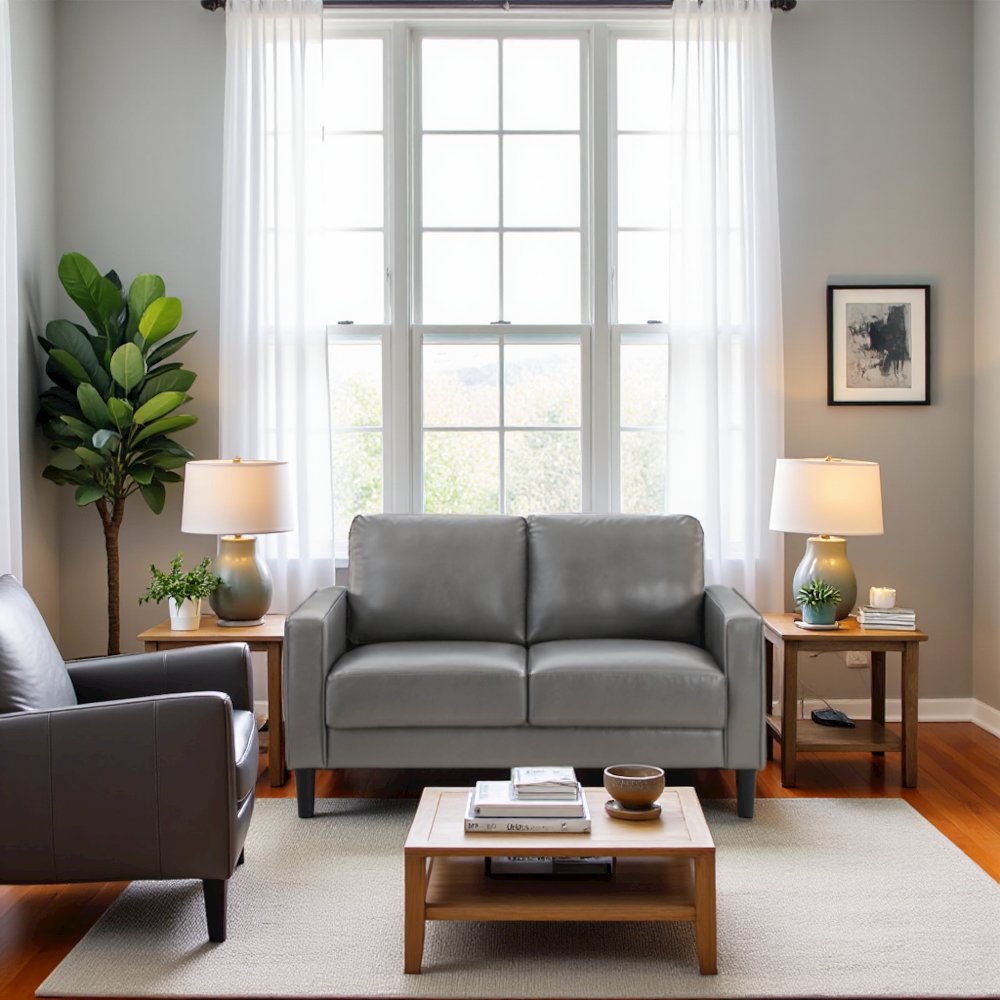 Gray Faux Leather 2 Seater Couch, Leather Loveseat Sofa for Living Room. Picture 3