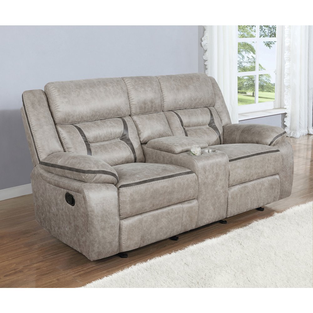 Greer Upholstered Motion Reclining Loveseat Taupe. Picture 6