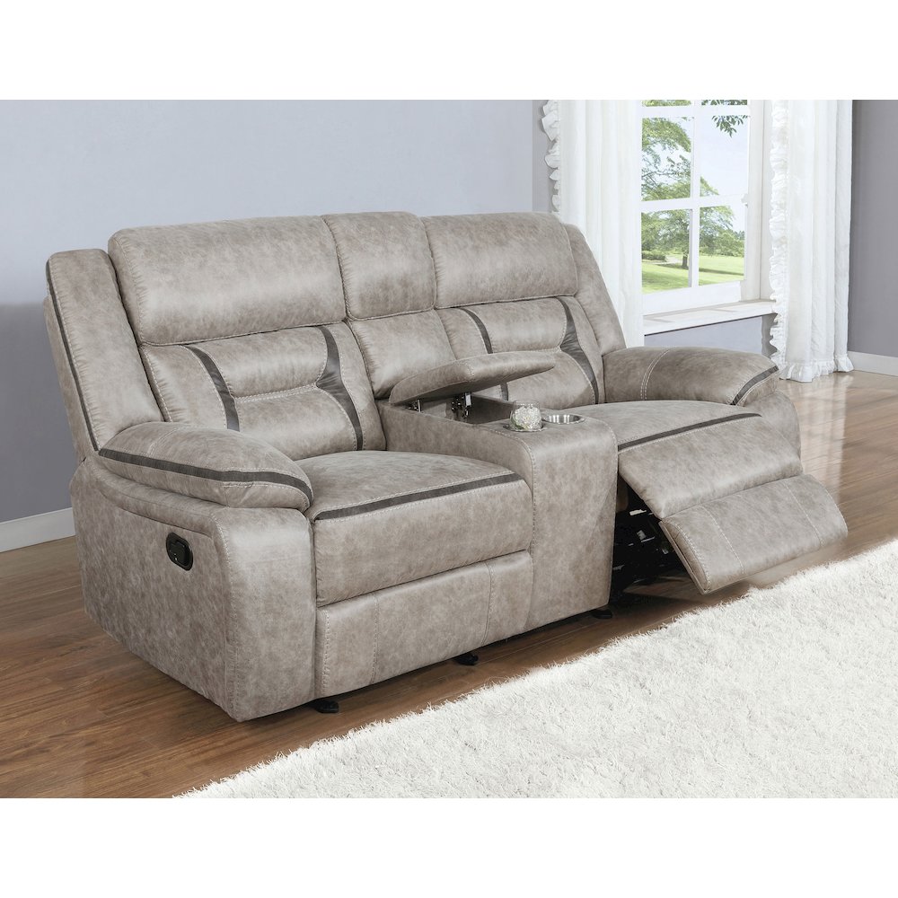Greer Upholstered Motion Reclining Loveseat Taupe. Picture 4