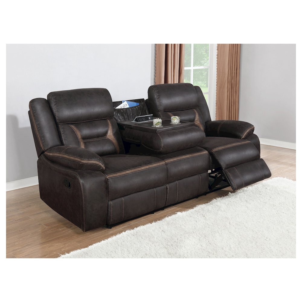 Greer Upholstered Motion Reclining Sofa Brown. Picture 5