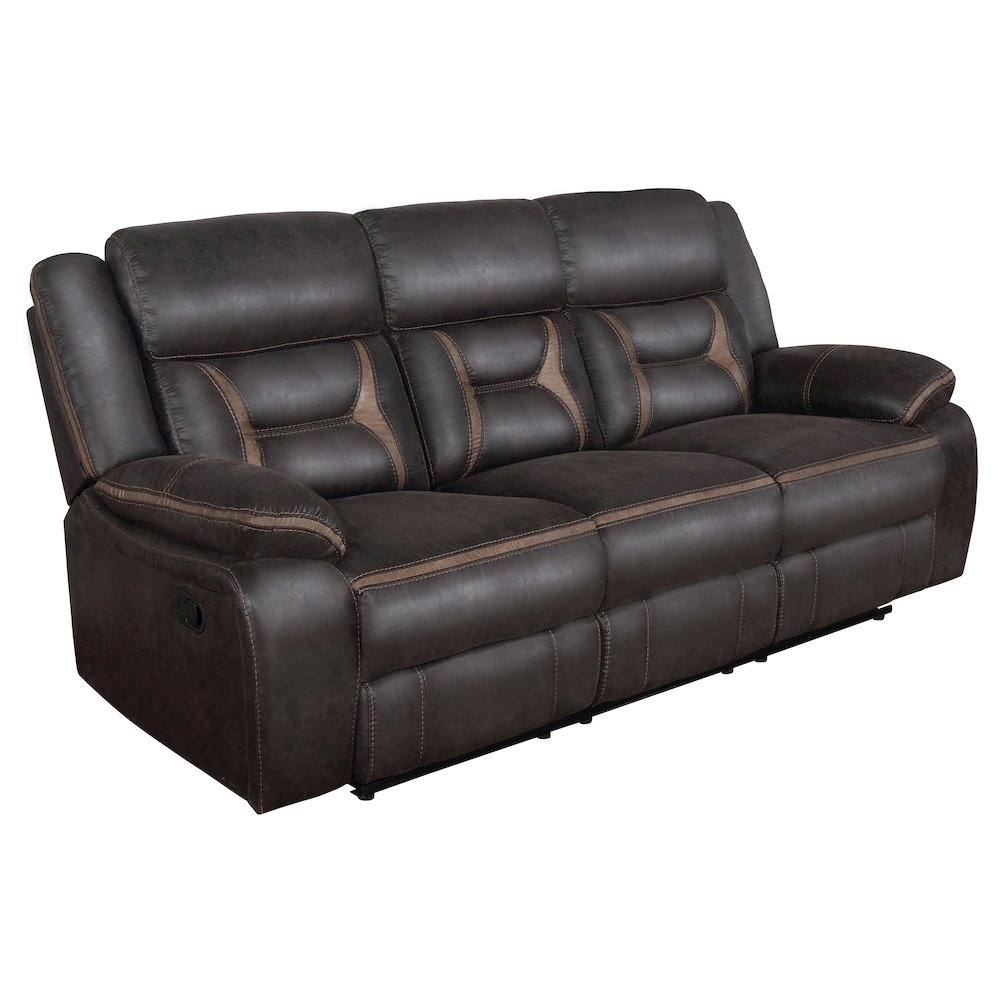 Greer Upholstered Motion Reclining Sofa Brown. Picture 1