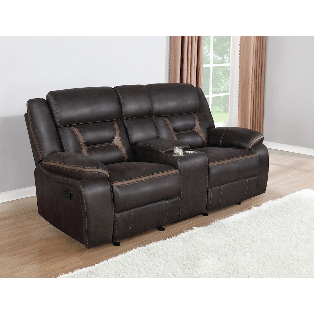 Greer Upholstered Motion Reclining Loveseat Brown. Picture 4