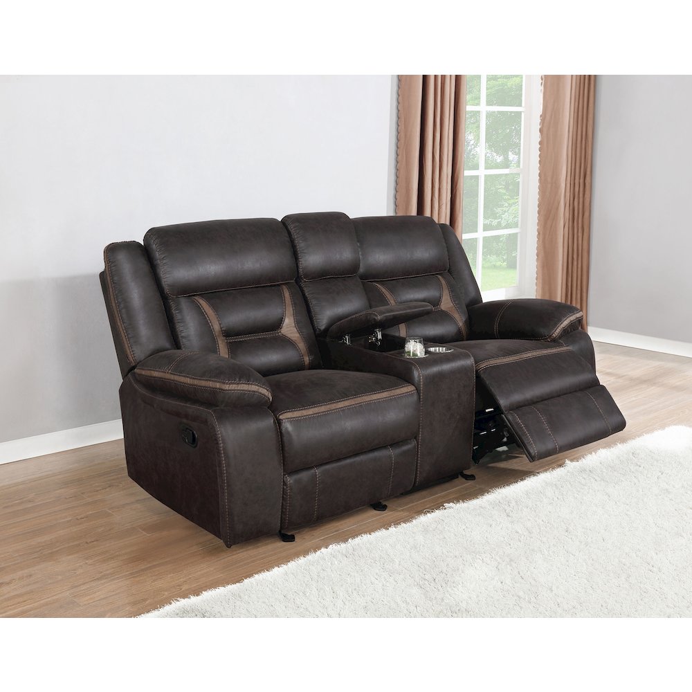 Greer Upholstered Motion Reclining Loveseat Brown. Picture 6