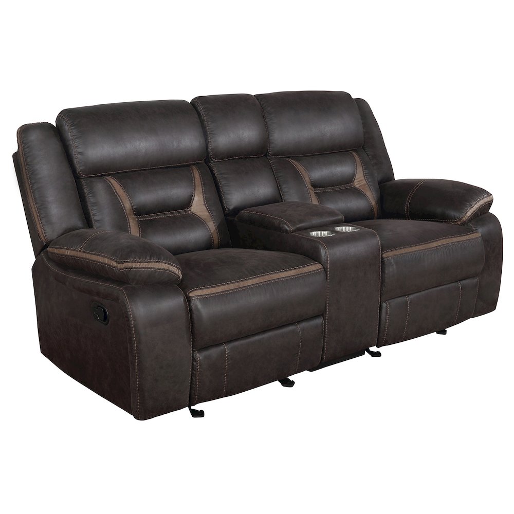 Greer Upholstered Motion Reclining Loveseat Brown. Picture 1