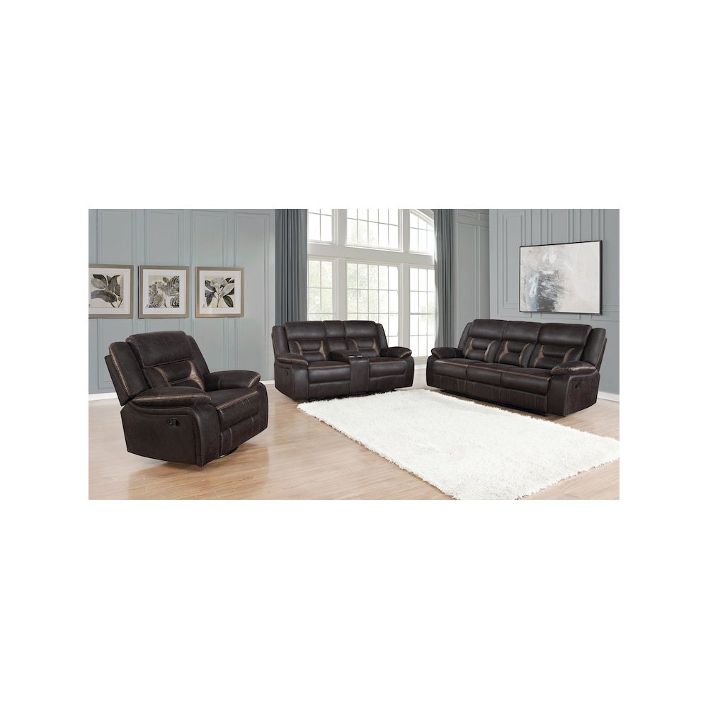 Greer Upholstered Motion Reclining Loveseat Brown. Picture 7