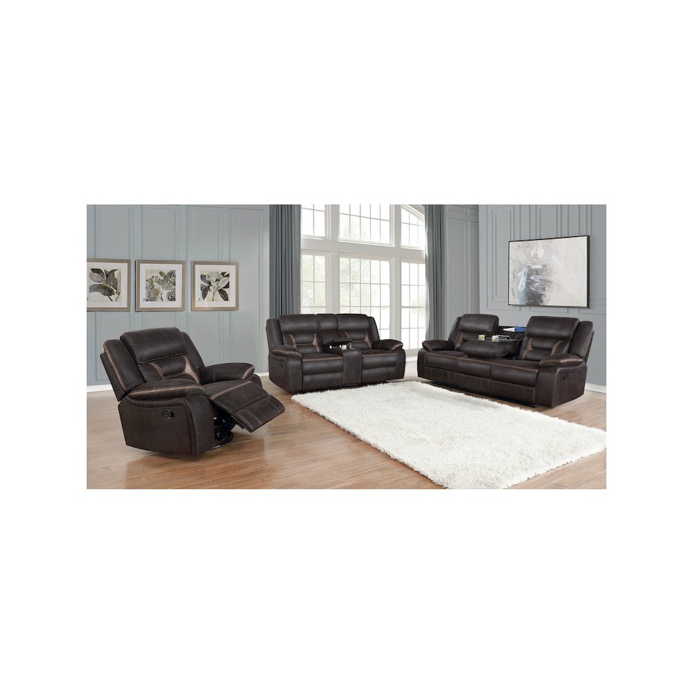 Greer Upholstered Motion Reclining Loveseat Brown. Picture 8