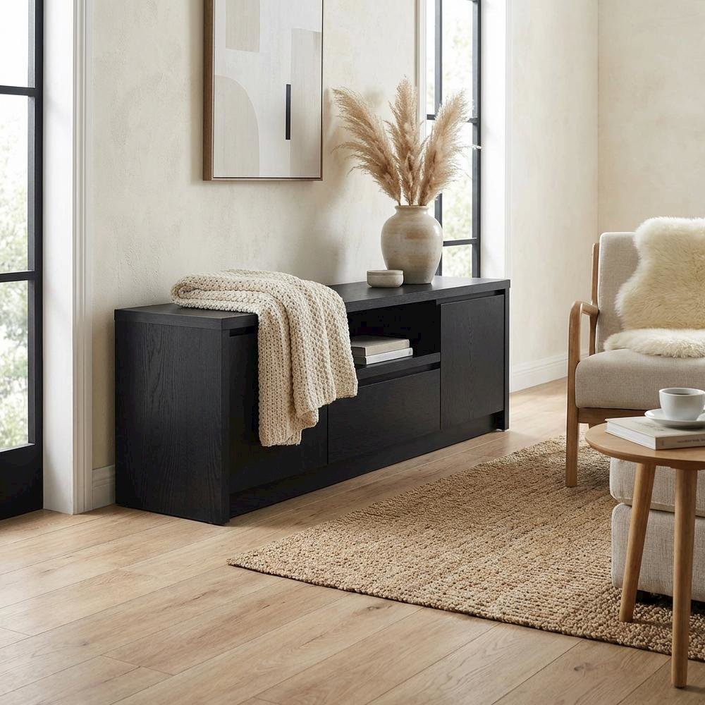 Black 2-Door TV Stand Media Console with Contemporary Style and Engineered Wood. Picture 3