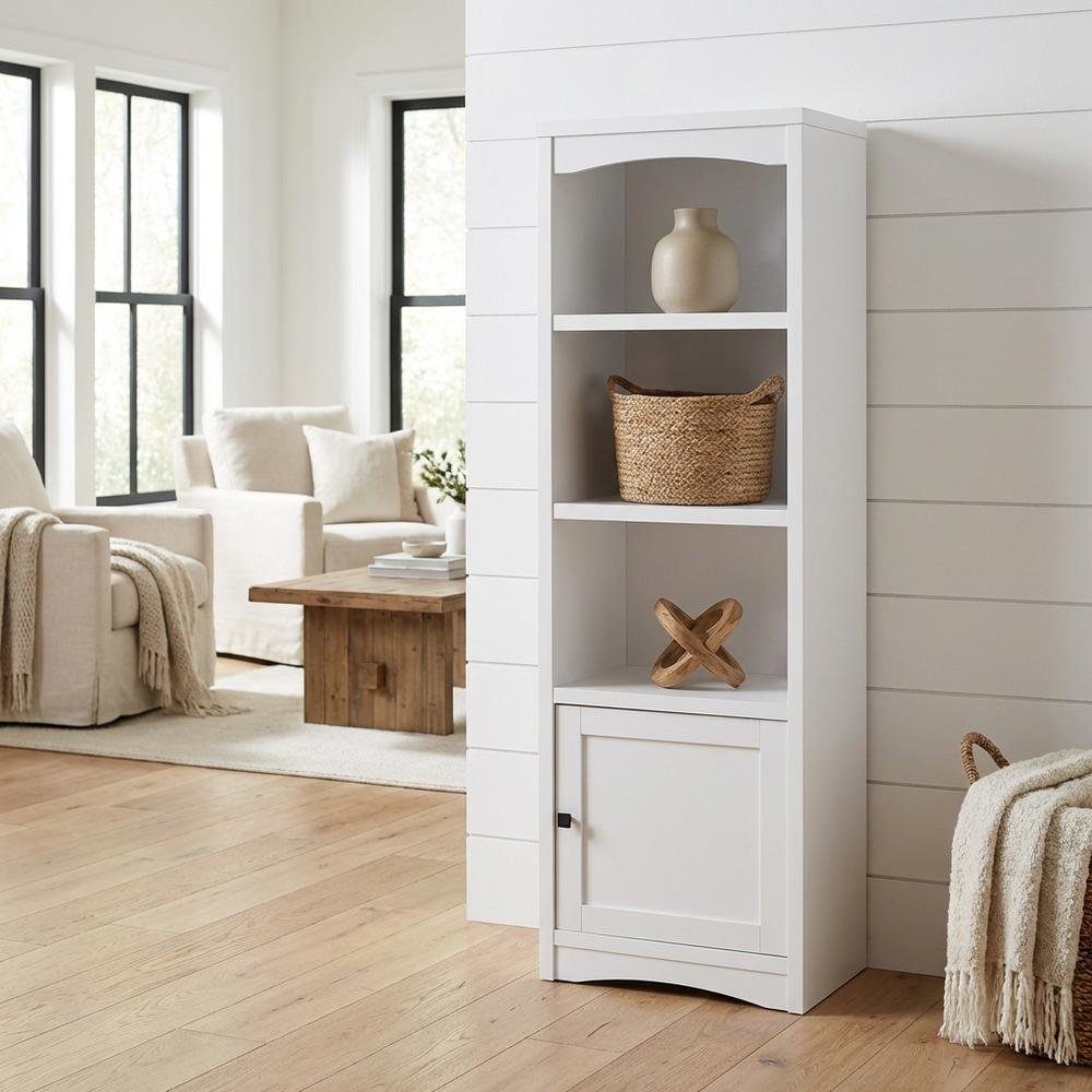 White 3-Shelf Media Tower With Gunmetal Finish And Transitional Style. Picture 2