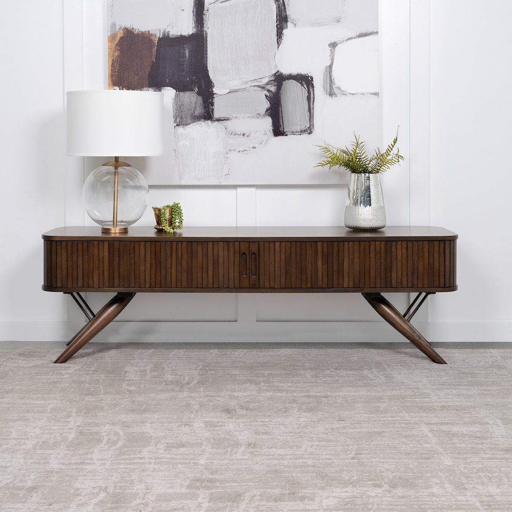 Valna Wood 71" TV Stand with Sliding Doors Walnut. Picture 9