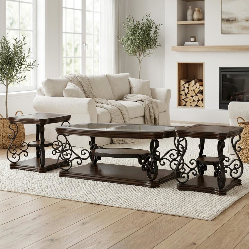 Dark Merlot 3-Piece Glass Top Coffee and End Table Set with Traditional Design. Picture 3