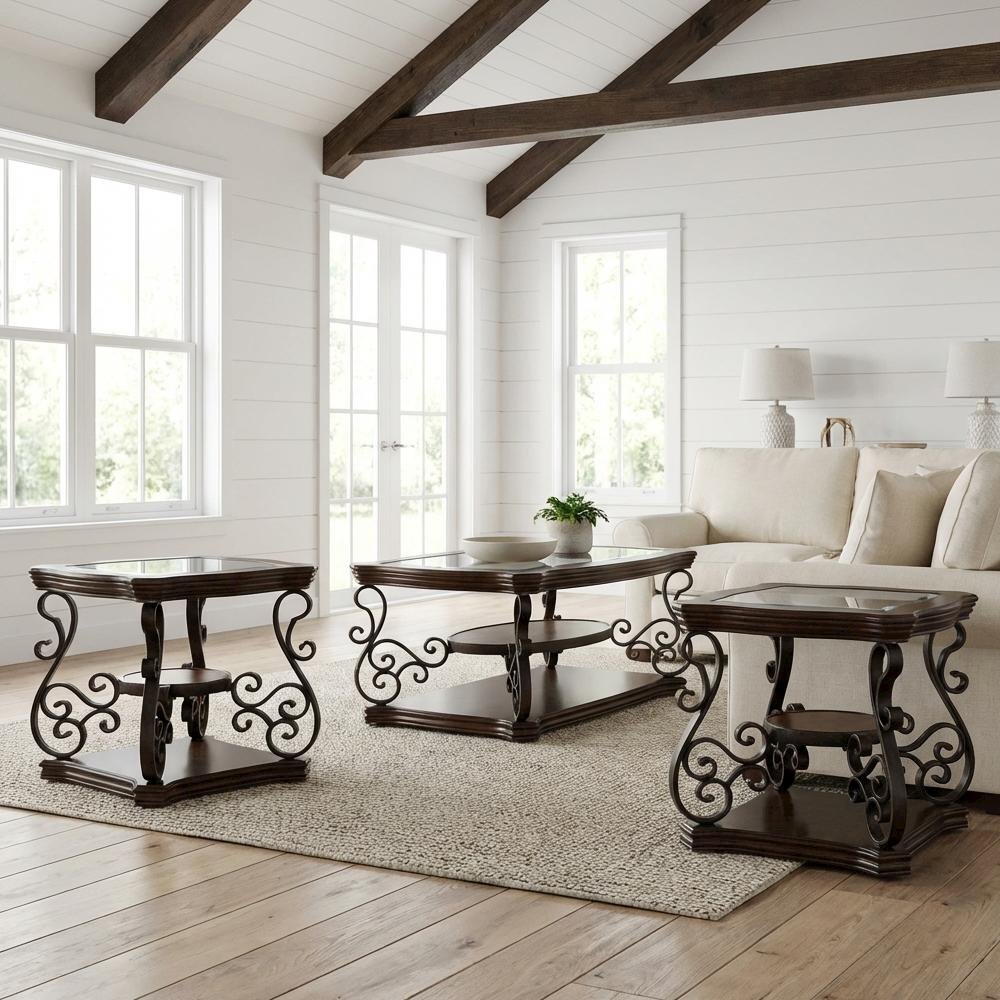Dark Merlot 3-Piece Glass Top Coffee and End Table Set with Traditional Design. Picture 2