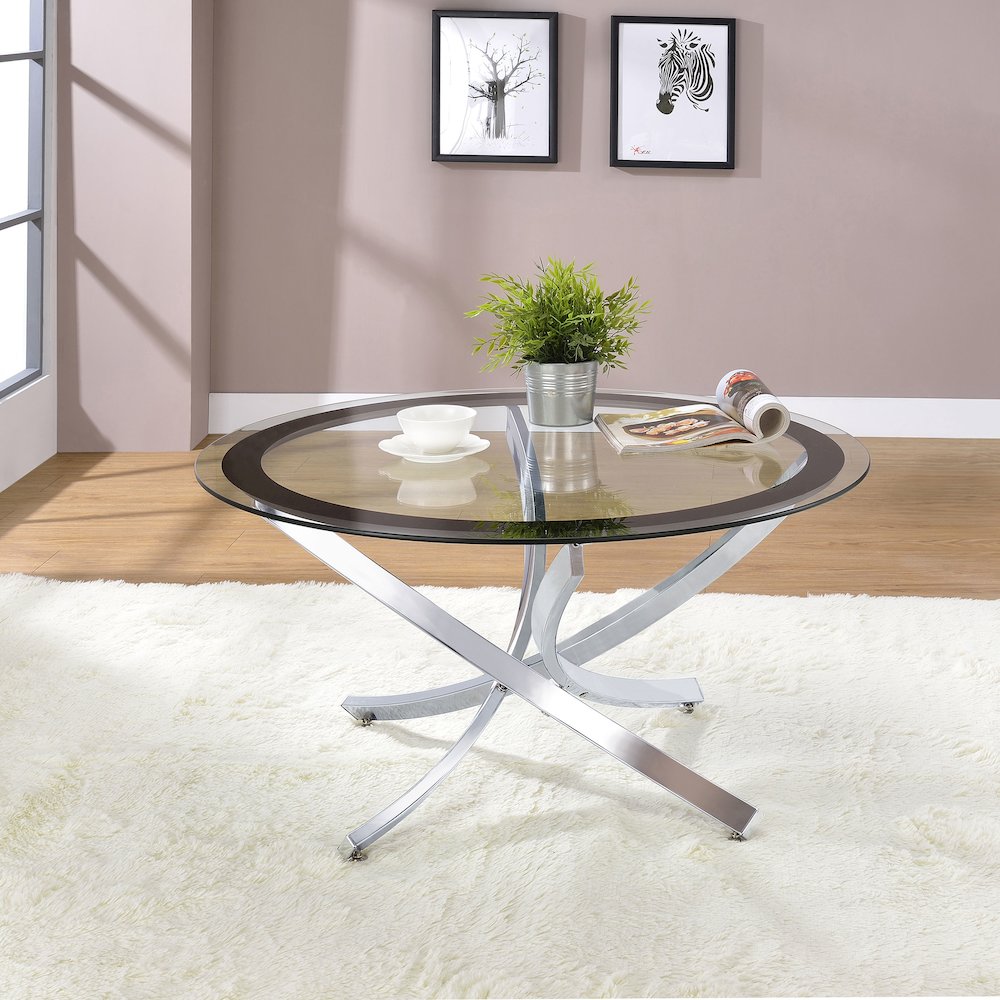 Brooke Round Glass Top Coffee Table Metal Base Chrome. Picture 3