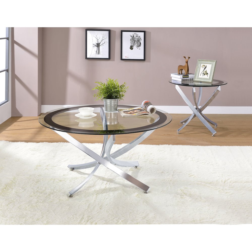 Brooke 2-piece Round Glass Top Coffee Table Set Chrome. Picture 5