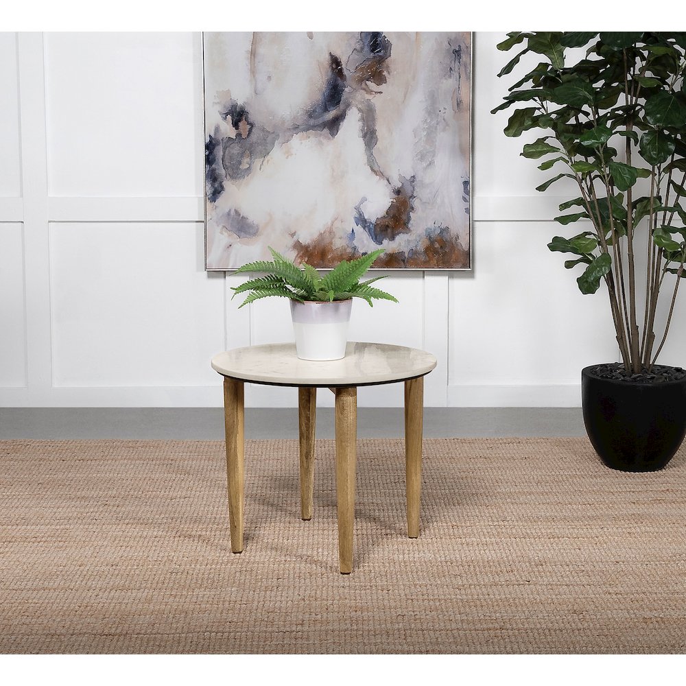 Aldis Round Marble Top Side End Table White and Natural. Picture 4