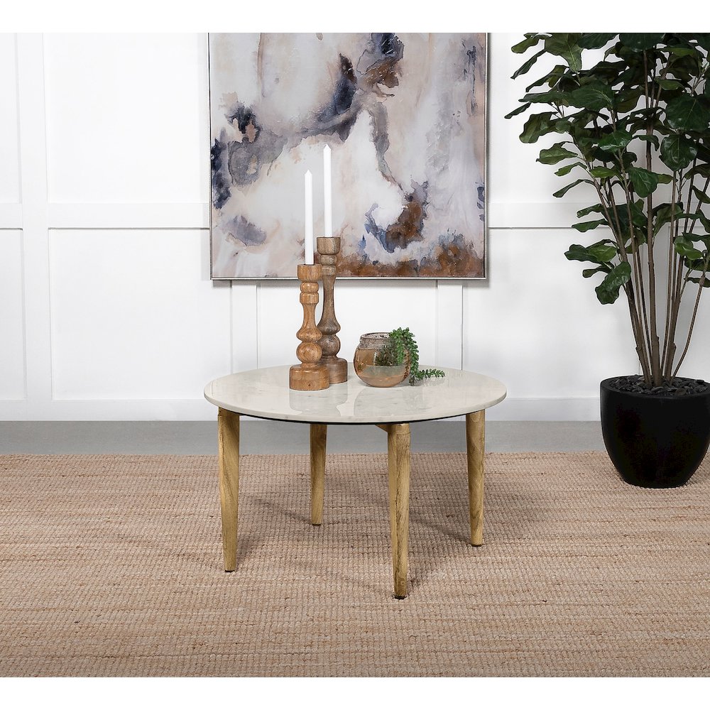 Aldis Round Marble Top Coffee Table White and Natural. Picture 4