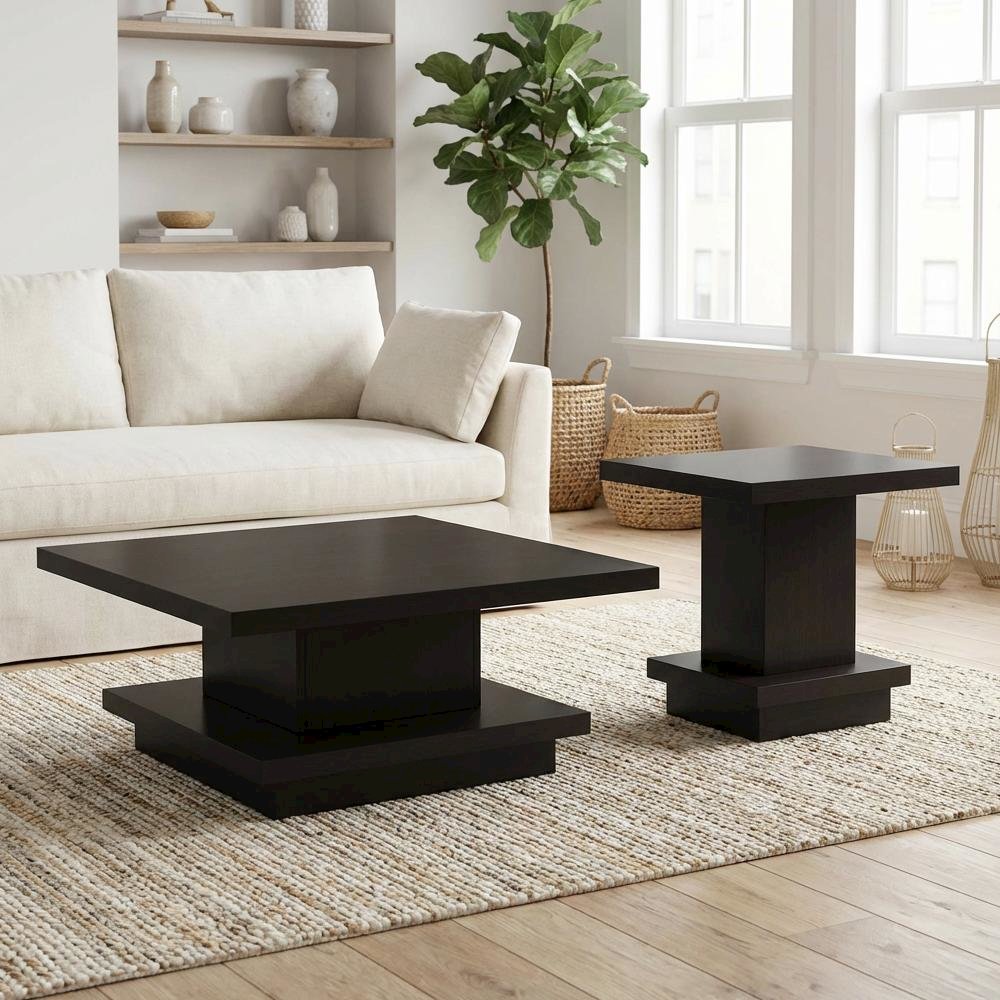 Cappuccino 2-Piece Square Coffee and End Table Set with Plastic Glide. Picture 3