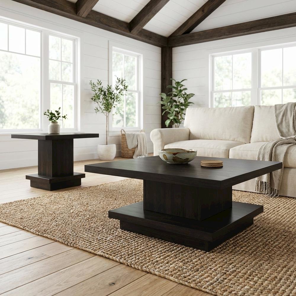 Cappuccino 2-Piece Square Coffee and End Table Set with Plastic Glide. Picture 2
