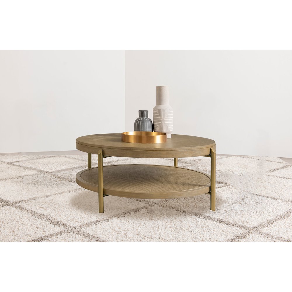 Arini Round Coffee Table With Storage Shelf Sand Wash. Picture 2