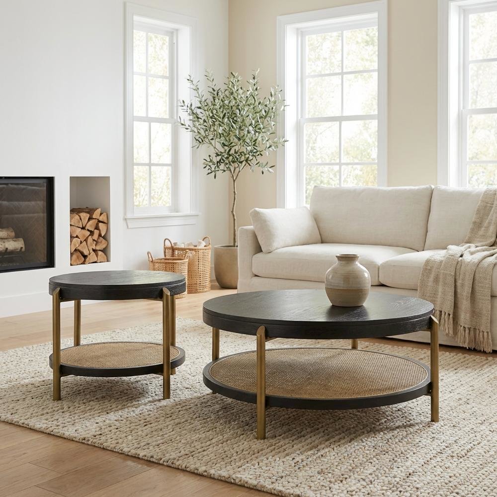 Black 2-Piece Round Coffee and End Table Set with Sturdy Design. Picture 3