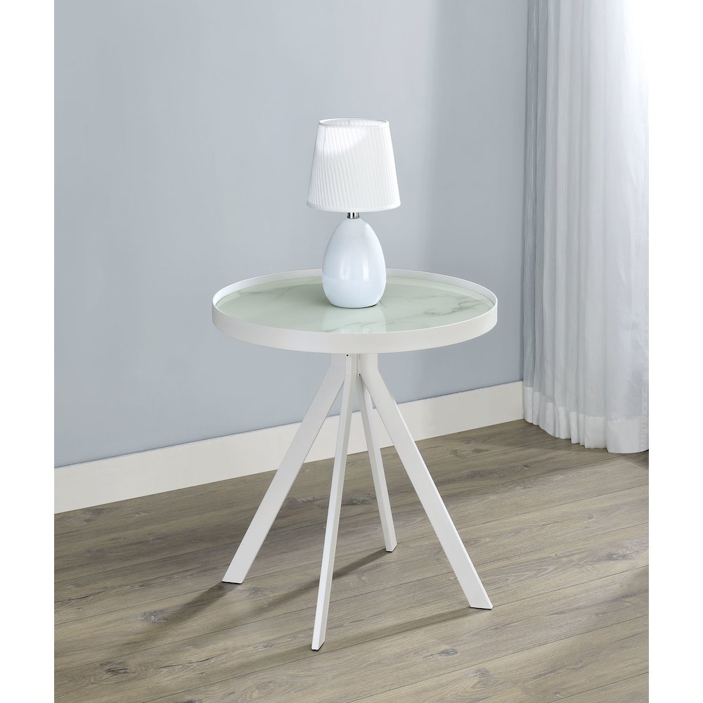 Briggs Round Marble Printed Glass Top End Side Table White. Picture 1