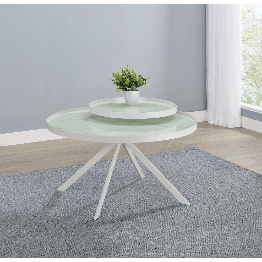 Briggs Round Marble Printed Glass Top Coffee Table White. Picture 2