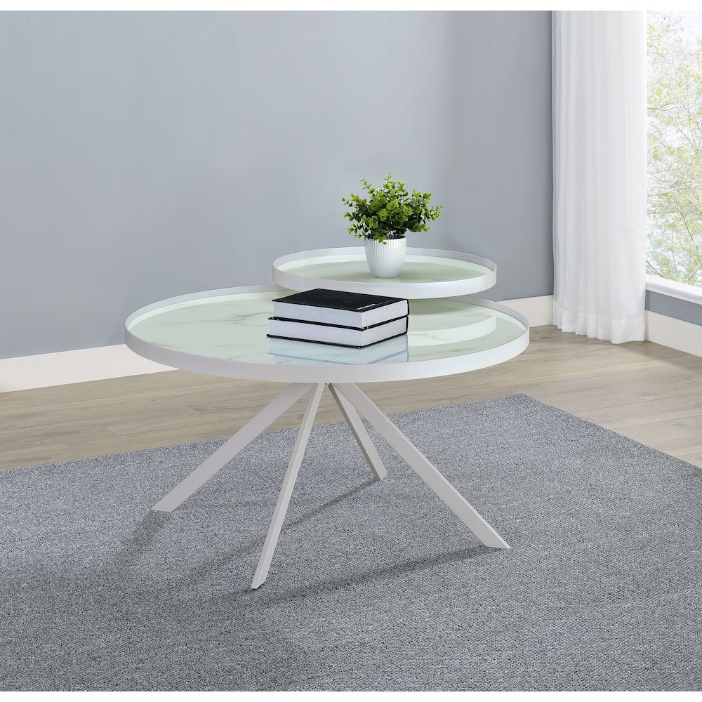 Briggs Round Marble Printed Glass Top Coffee Table White. Picture 3
