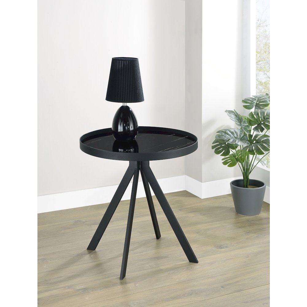 Briggs Round Marble Printed Glass Top End Table Black. Picture 1