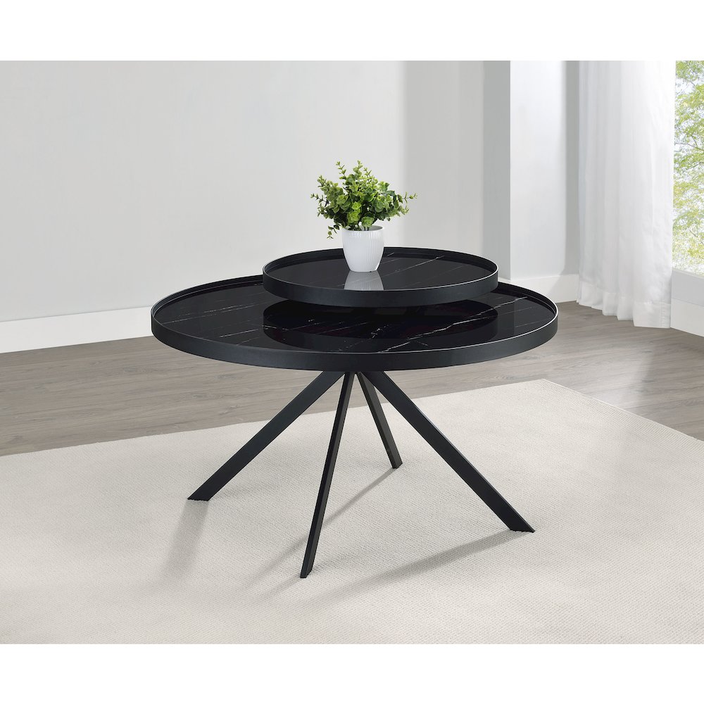 Briggs Round Marble Printed Glass Top Coffee Table Black. Picture 3