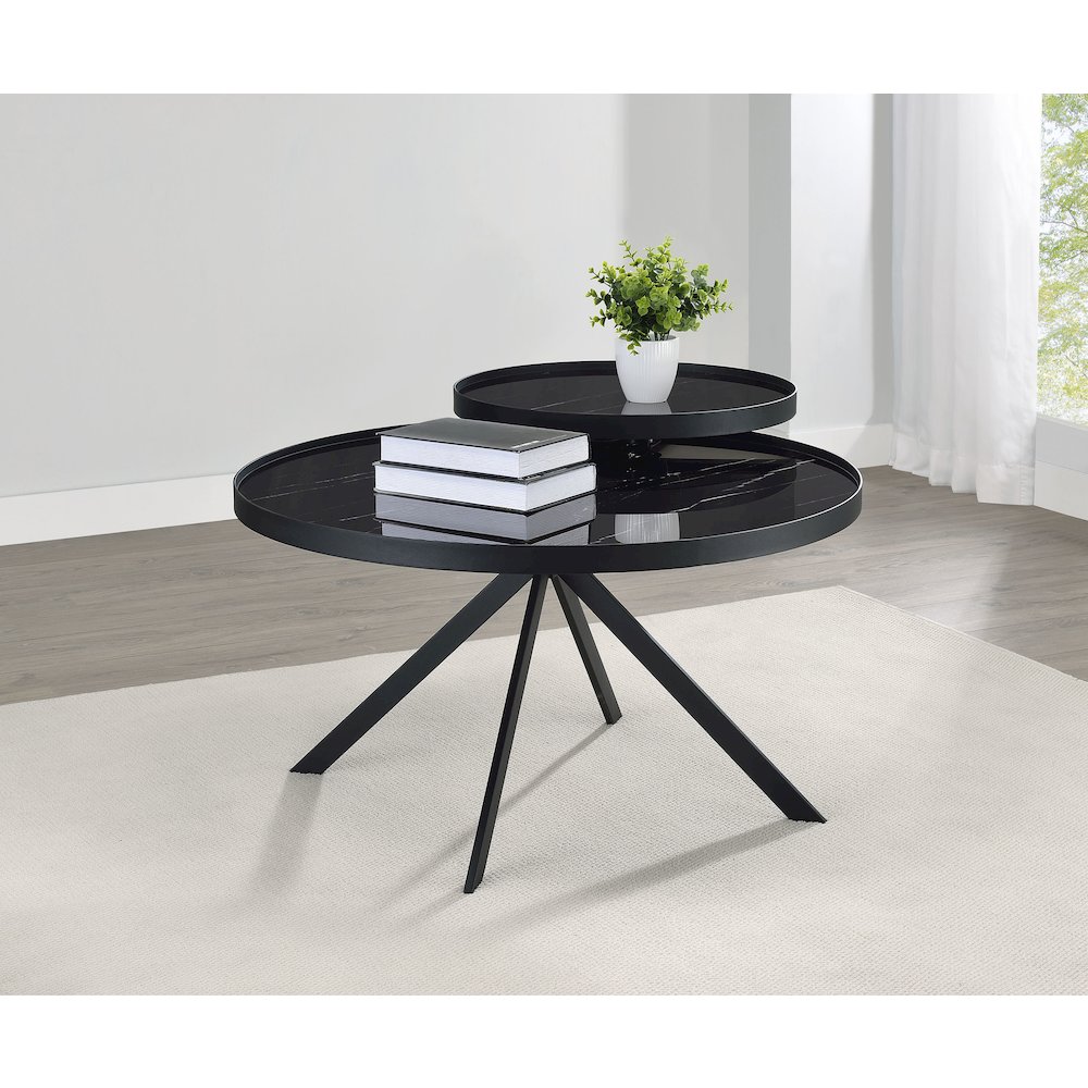 Briggs Round Marble Printed Glass Top Coffee Table Black. Picture 2