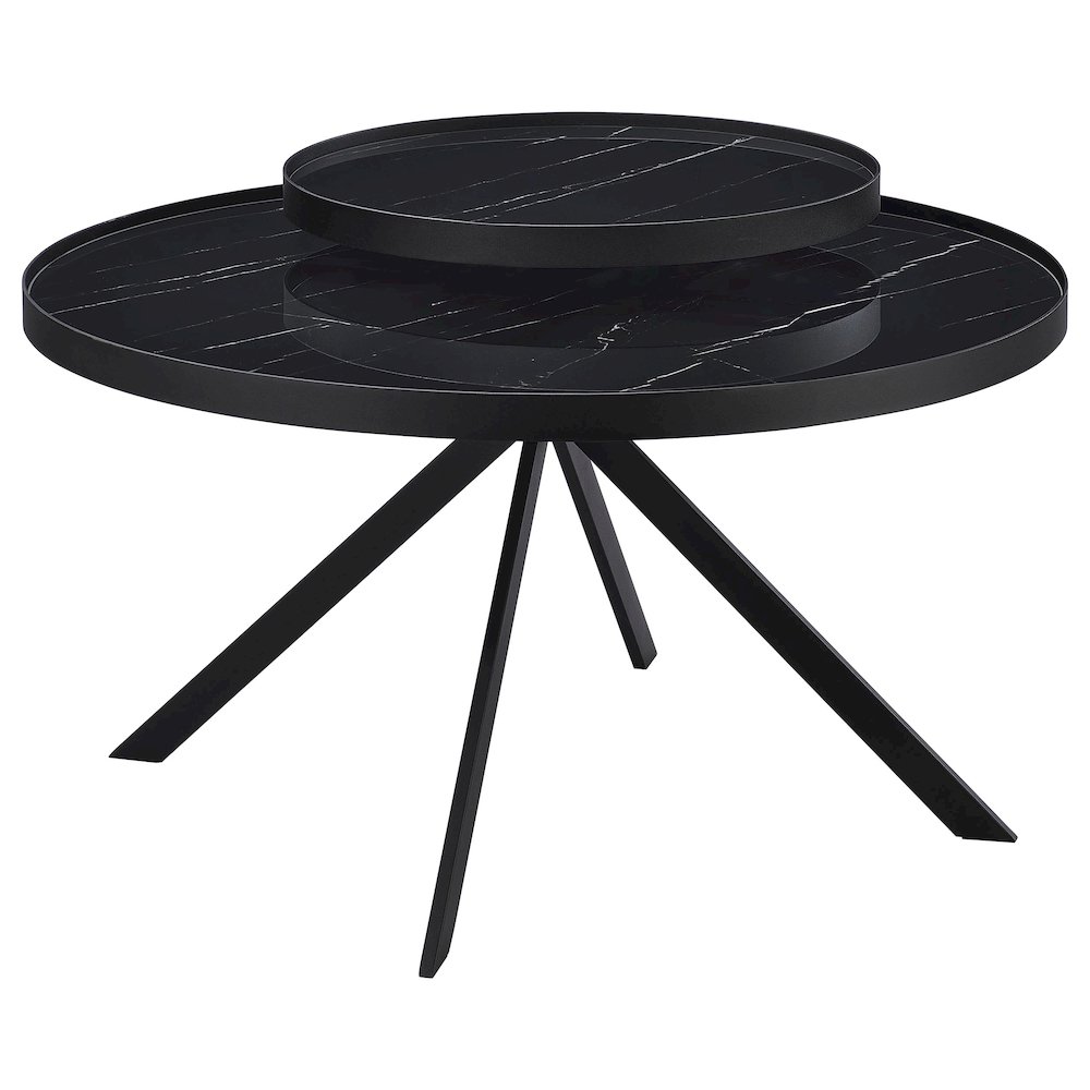 Briggs Round Marble Printed Glass Top Coffee Table Black. Picture 1
