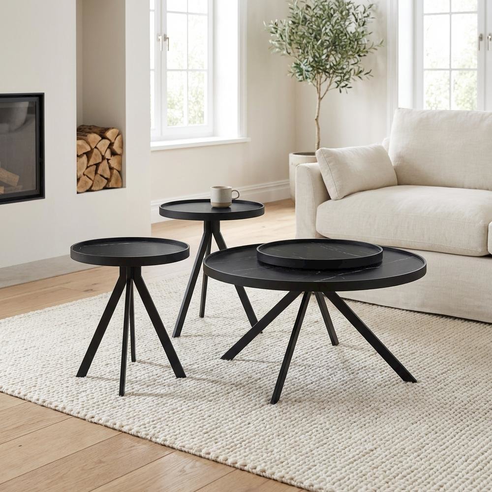 Black 3-Piece Round Coffee and End Table Set with Contemporary Design. Picture 3