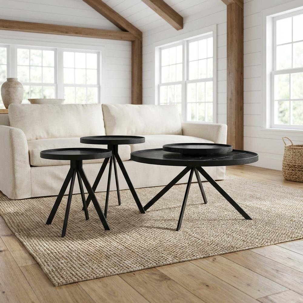 Black 3-Piece Round Coffee and End Table Set with Contemporary Design. Picture 2