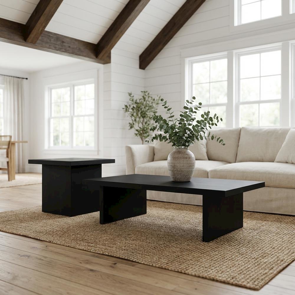Black 2-Piece Rectangular Table Set with Contemporary Design and Durable Glide. Picture 2