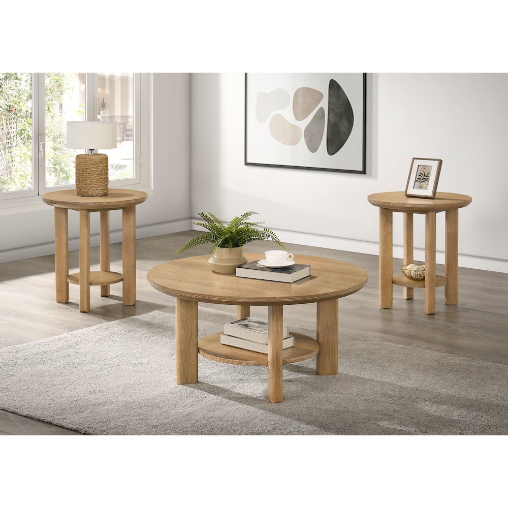 Ottowa 3-piece Round Wood Coffee Table Set Light Oak. Picture 2