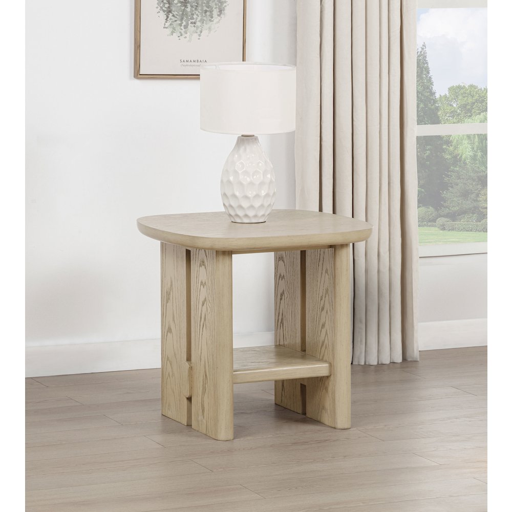 Kailani Coastal Square End Side Table with Shelf Beige Oak. Picture 2