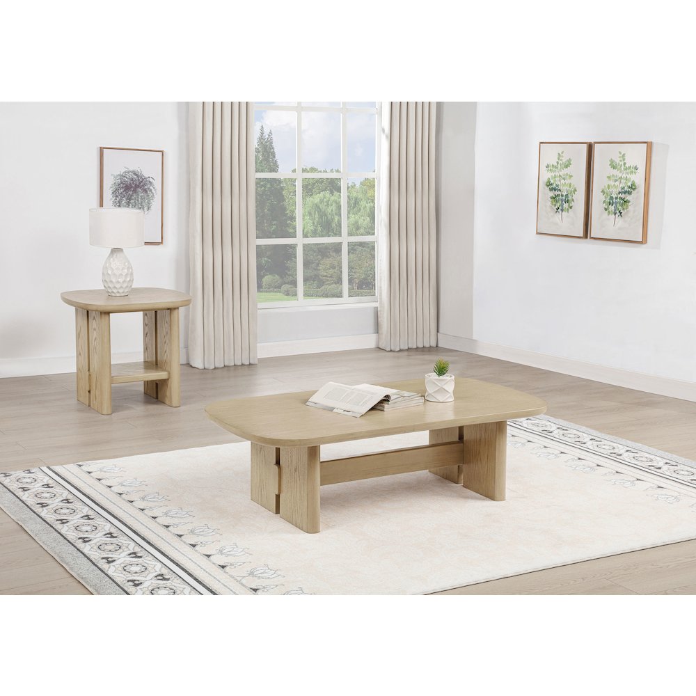 Kailani 2-piece Coastal Coffee and End Table Set Beige Oak. Picture 1