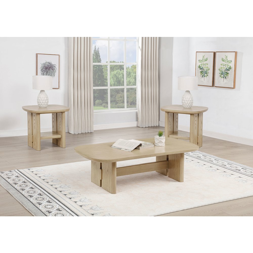 Kailani 3-piece Coastal Coffee and End Table Set Beige Oak. Picture 1
