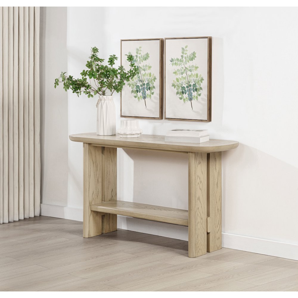 Kailani Coastal Sofa Console Table with Shelf Beige Oak. Picture 2