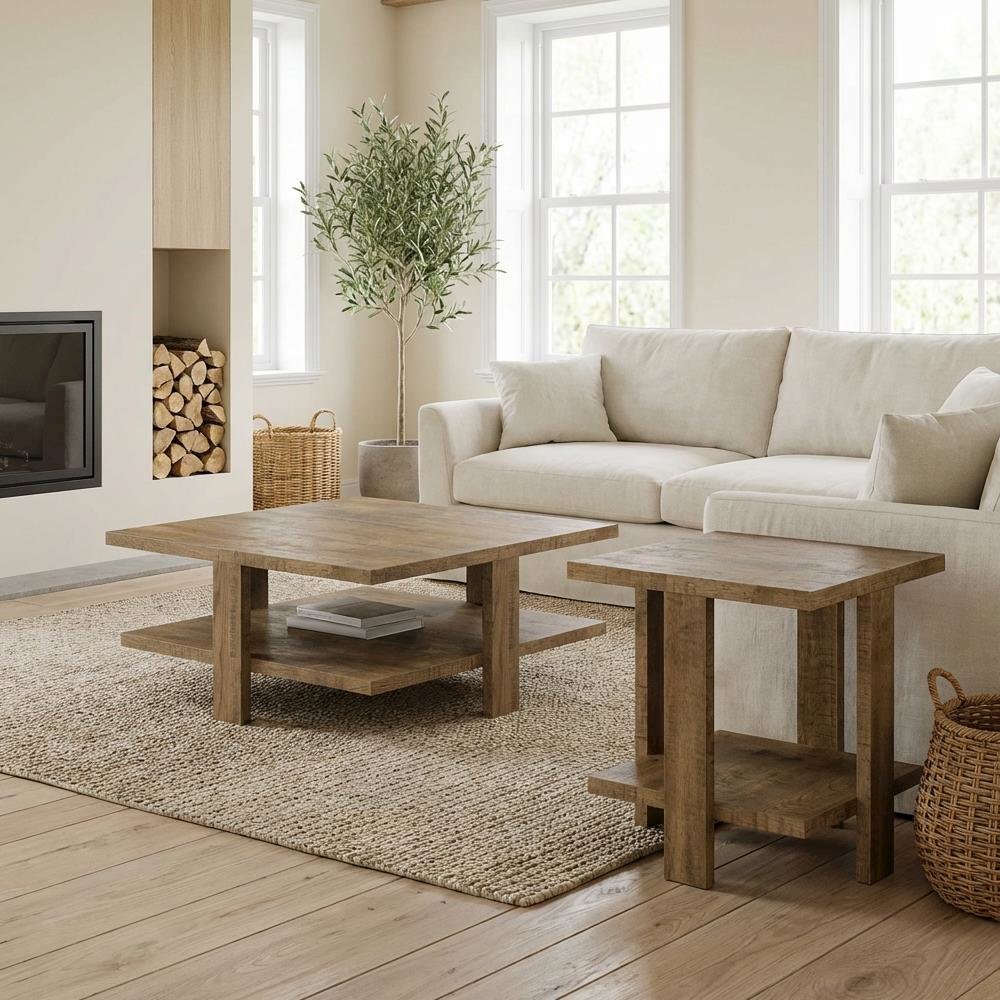 Round Mango Brown Coffee and End Table Set 2-Piece with Farmhouse Style. Picture 3