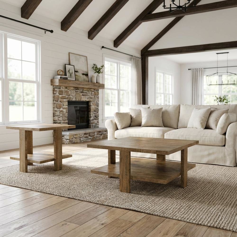 Round Mango Brown Coffee and End Table Set 2-Piece with Farmhouse Style. Picture 2