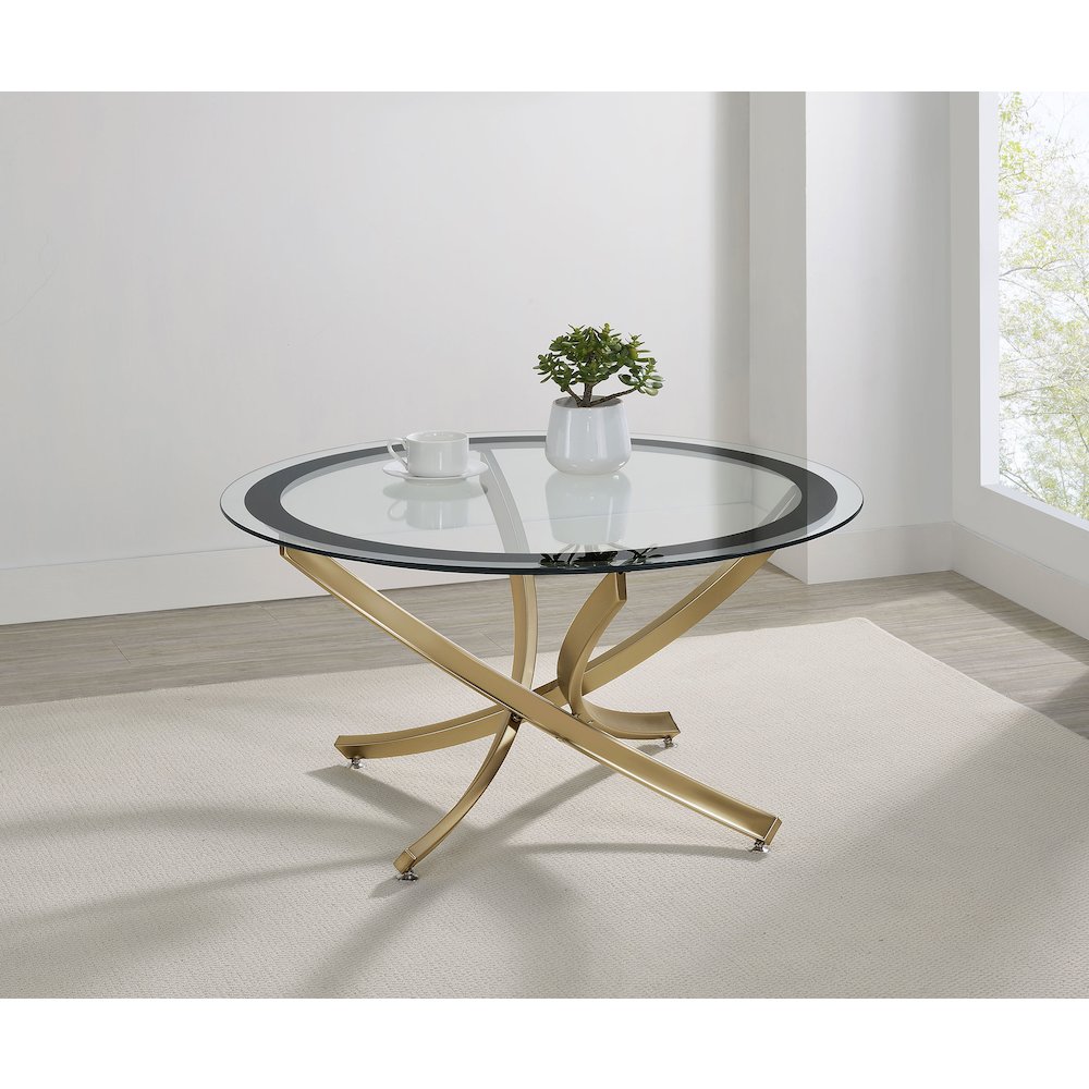 Brooke Round Glass Top Coffee Table Metal Base Brass. Picture 4