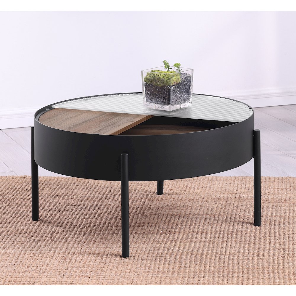 Ozella Round Coffee Table with Hidden Storage Sandy Black. Picture 3