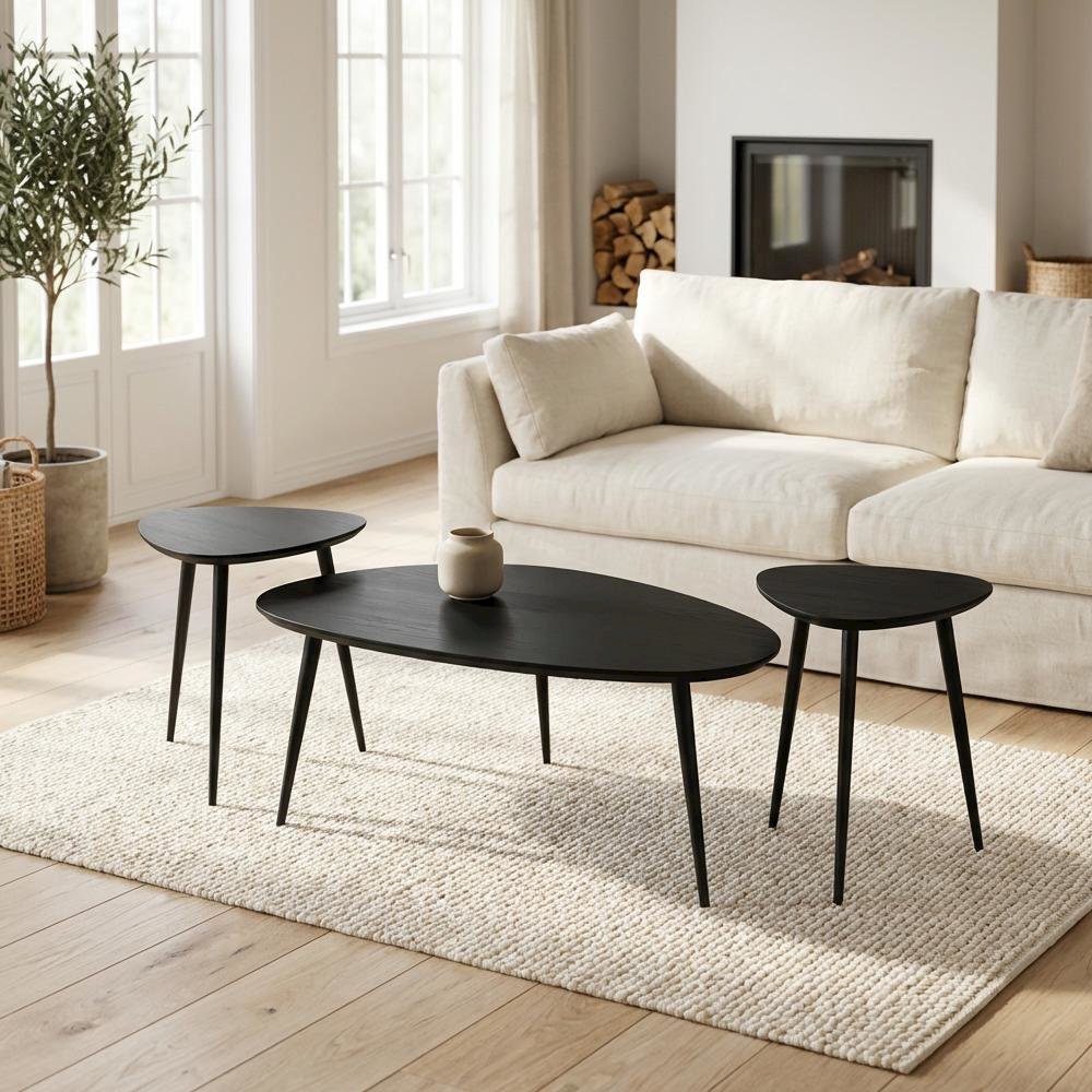 Black Triangular 3-Piece Coffee and End Table Set with Mid-Century Modern Design. Picture 3